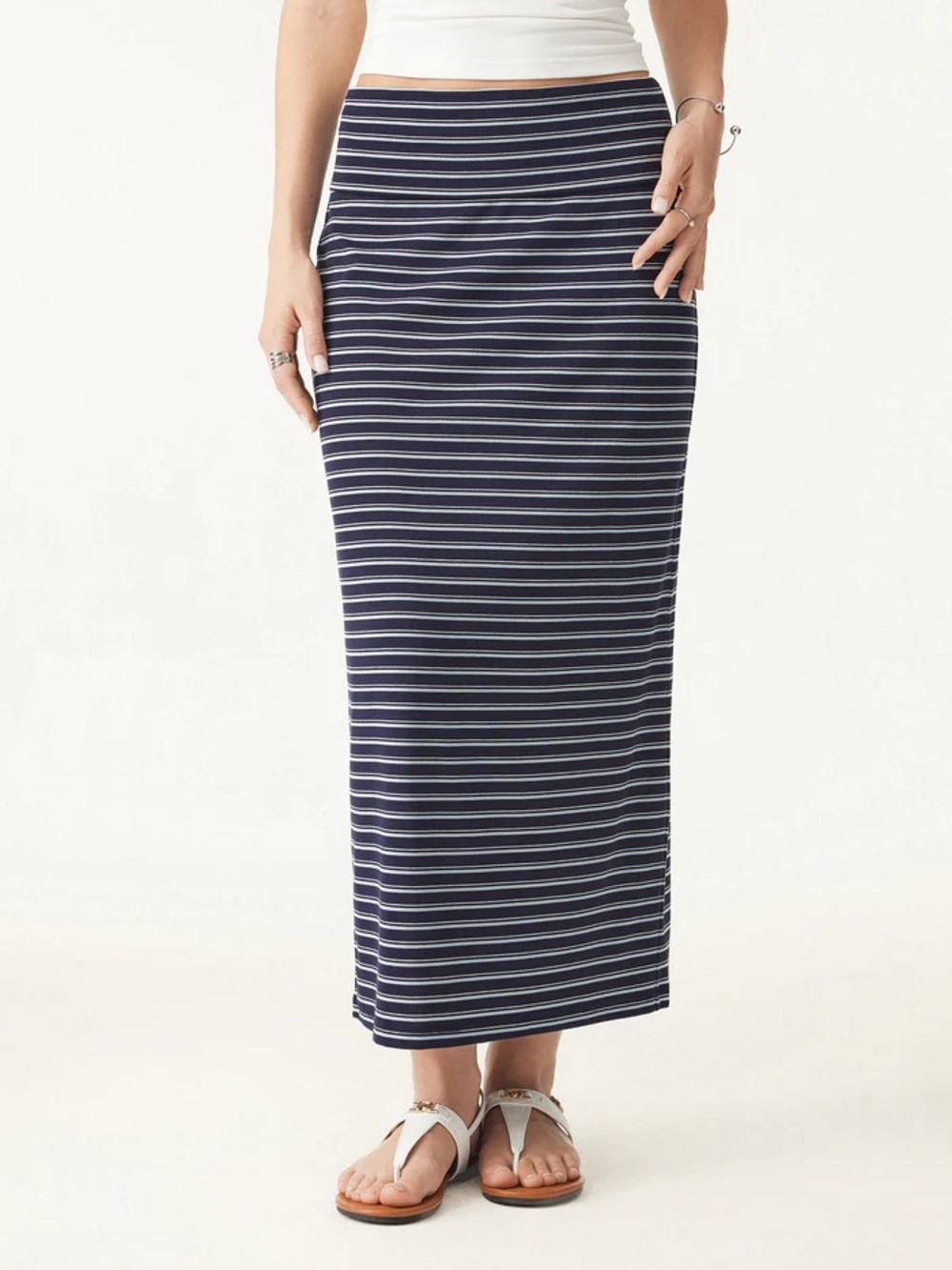 NWT Low Rise Folded Waist Striped Midi Skirt in white/maroon - Picture 4 of 6